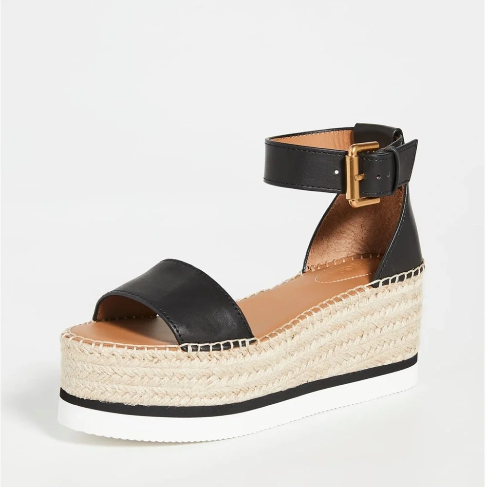 See By Chloe Black Leather Espadrille Platform Sandals